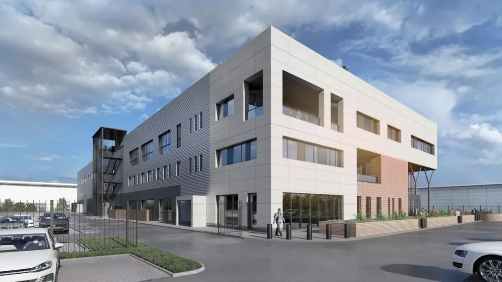 a photograph of a building with a lot of windows and a lot of windows